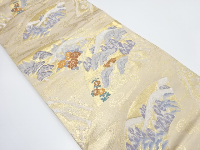 地紙に鴛鴦・草花模様織り出し　袋帯